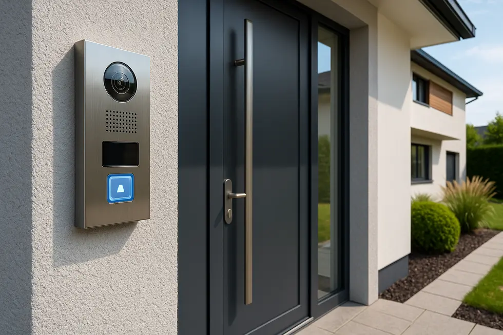 Wizualizacja nowoczesnego domu z domofonem na wejściu.