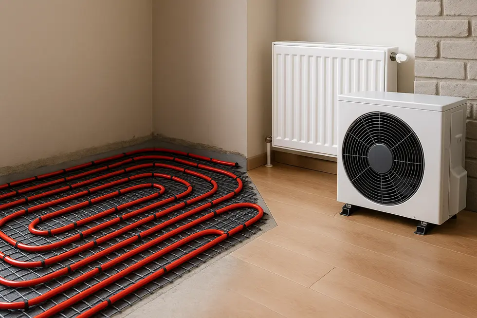 Ogrzewanie domu pompą ciepła w nowoczesnym salonie z podłogówką i dużymi przeszkleniami