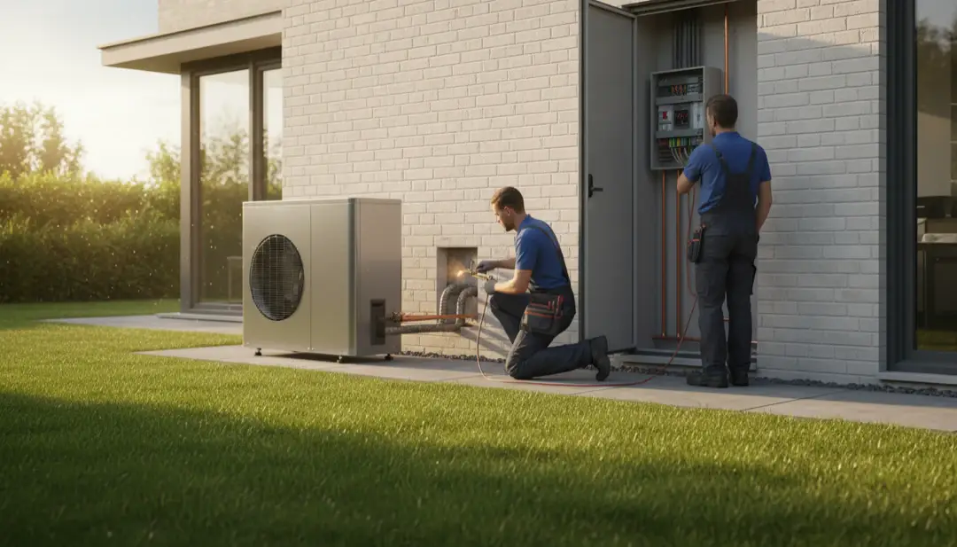 Pompa ciepła zainstalowana przy domu jednorodzinnym hydraulik montujący instalacje koszty ogrzewania i instalacji elektrycznej w domu 2026