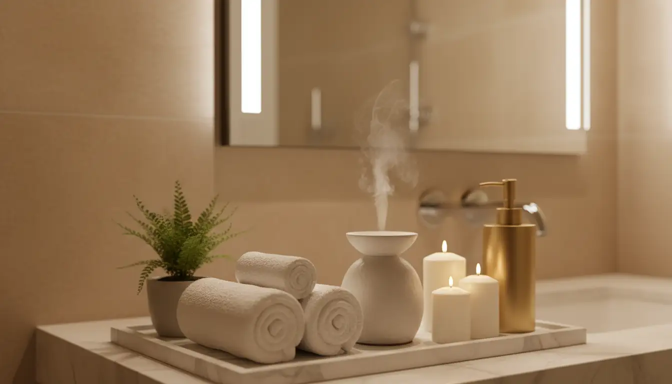 Jak zaaranżować łazienkę w stylu hotelowym i stworzyć domowe spa 4 Akcesoria domowego spa – pusziste białe ręczniki, dyfuzor z olejkami eterycznymi, świece zapachowe i zielona roślina na marmurowej tacy