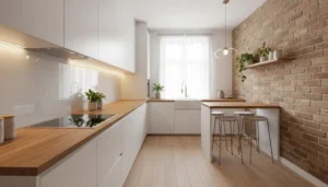 Alternatywy dla płytek w kuchni – nowoczesna kuchnia ze szkłem lacobel za kuchenką i cegłą dekoracyjną na bocznej ścianie