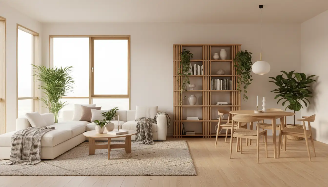 Nowoczesna aranżacja salonu z wydzielonymi strefami funkcjonalnymi - strefa wypoczynkowa z sofą i dywanem oddzielona regałem od jadalni