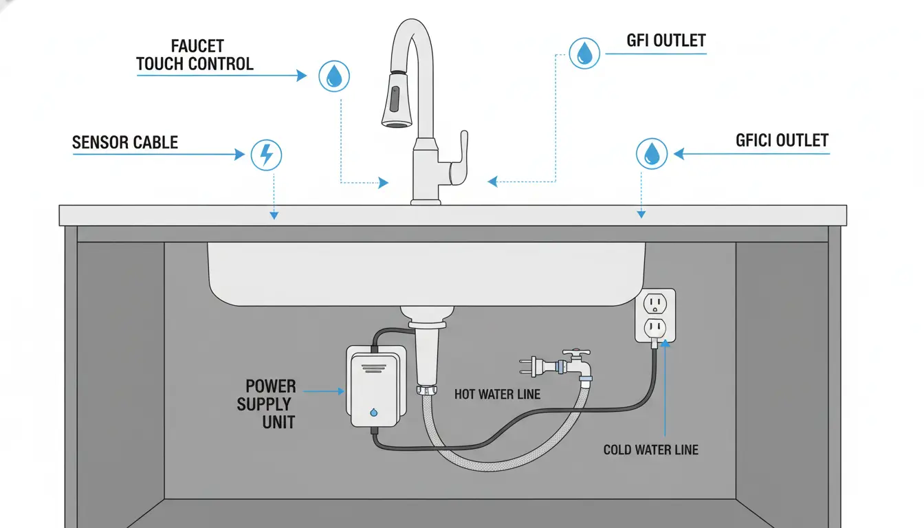 Bateria kuchenna dotykowa z pudełkiem zasilającym zamontowanym pod zlewem schemat instalacji i podłączenia elektrycznego do baterii AA lub 230V