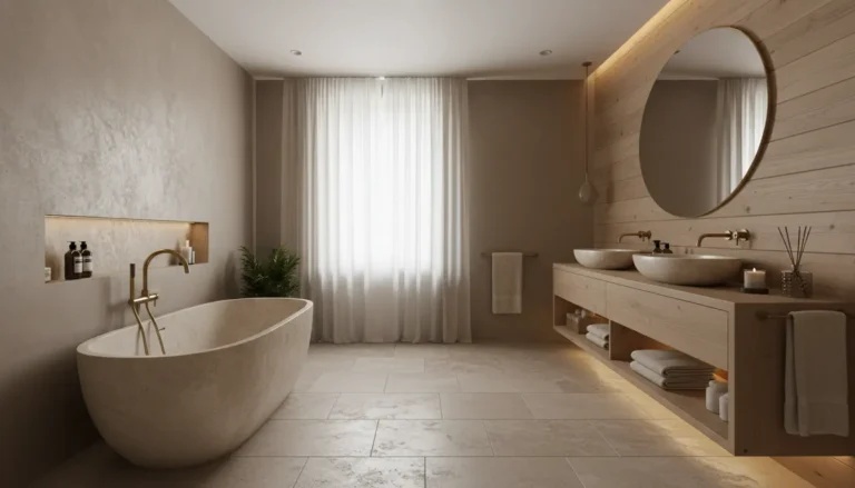 Luksusowa beżowa łazienka w ciepłych odcieniach taupe i greige z naturalnymi materiałami drewnem i kamieniem oraz złotą armaturą w przytulnej atmosferze spa