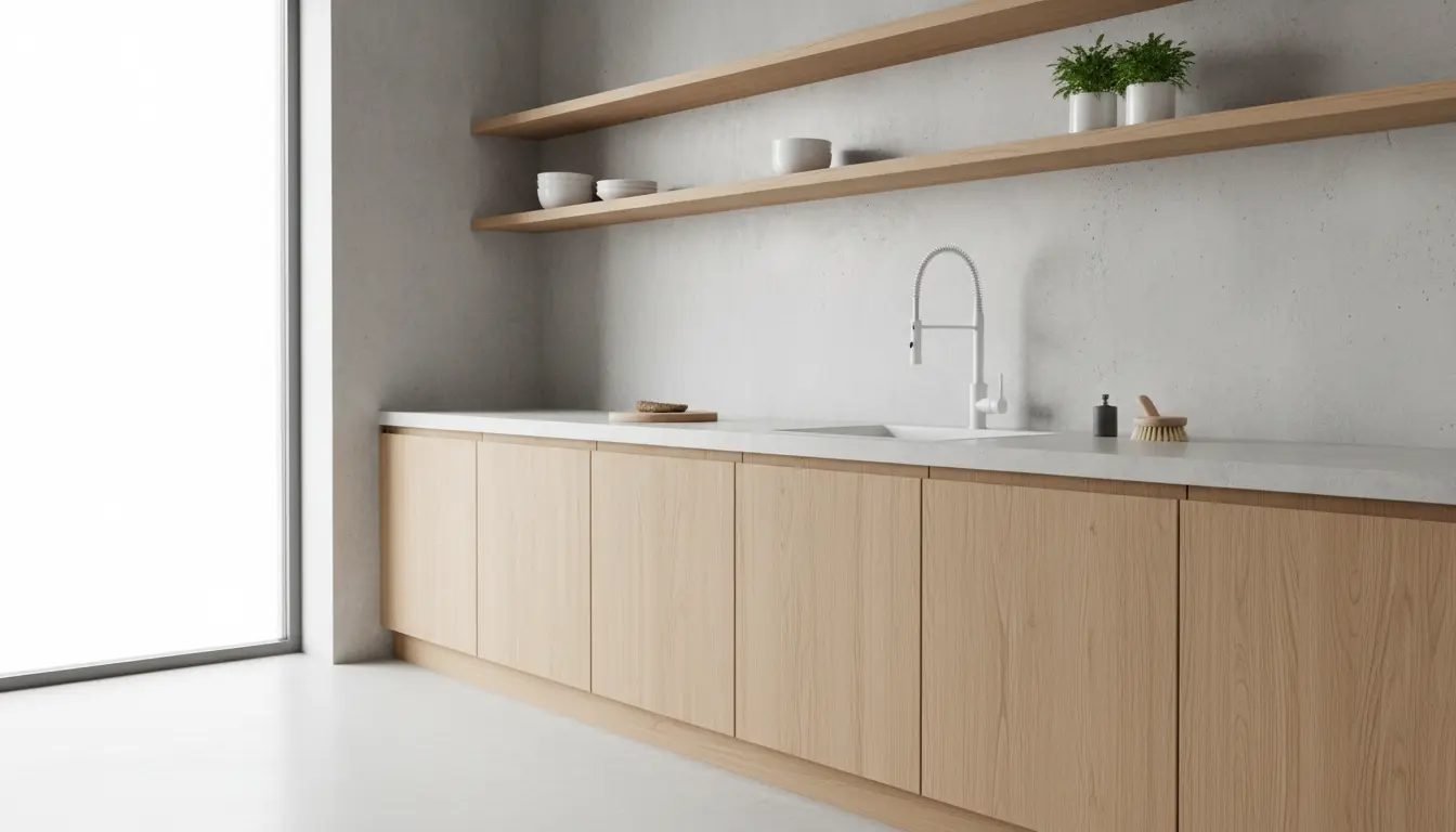 Biała bateria kuchenna na tle drewnianych frontów i betonowej ściany — minimalistyczna kuchnia skandynawska z kolorowymi bateriami kuchennymi