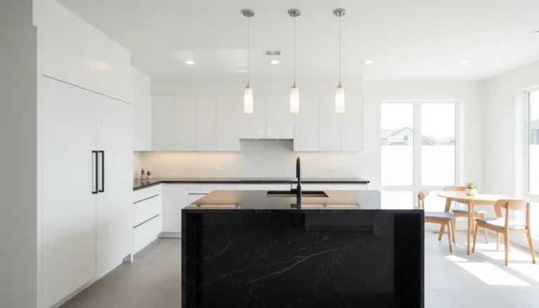 biala kuchnia czarny granit nowoczesna elegancja minimalizm 2026