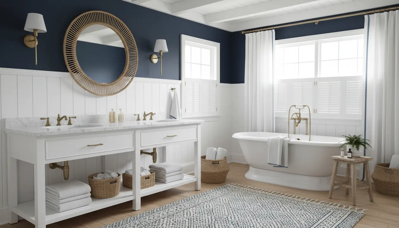 Biało-granatowa łazienka w stylu Hamptons z drewnianymi blatami, rattanowymi dodatkami i białymi ręcznikami – przytulna i jasna przestrzeń