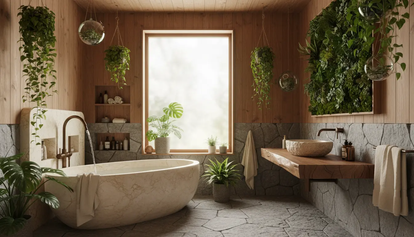Biophilic design – jak wprowadzić naturę do wnętrza 3 Biophilic design – drewno, kamień naturalny i rośliny w spójnej kompozycji wnętrza