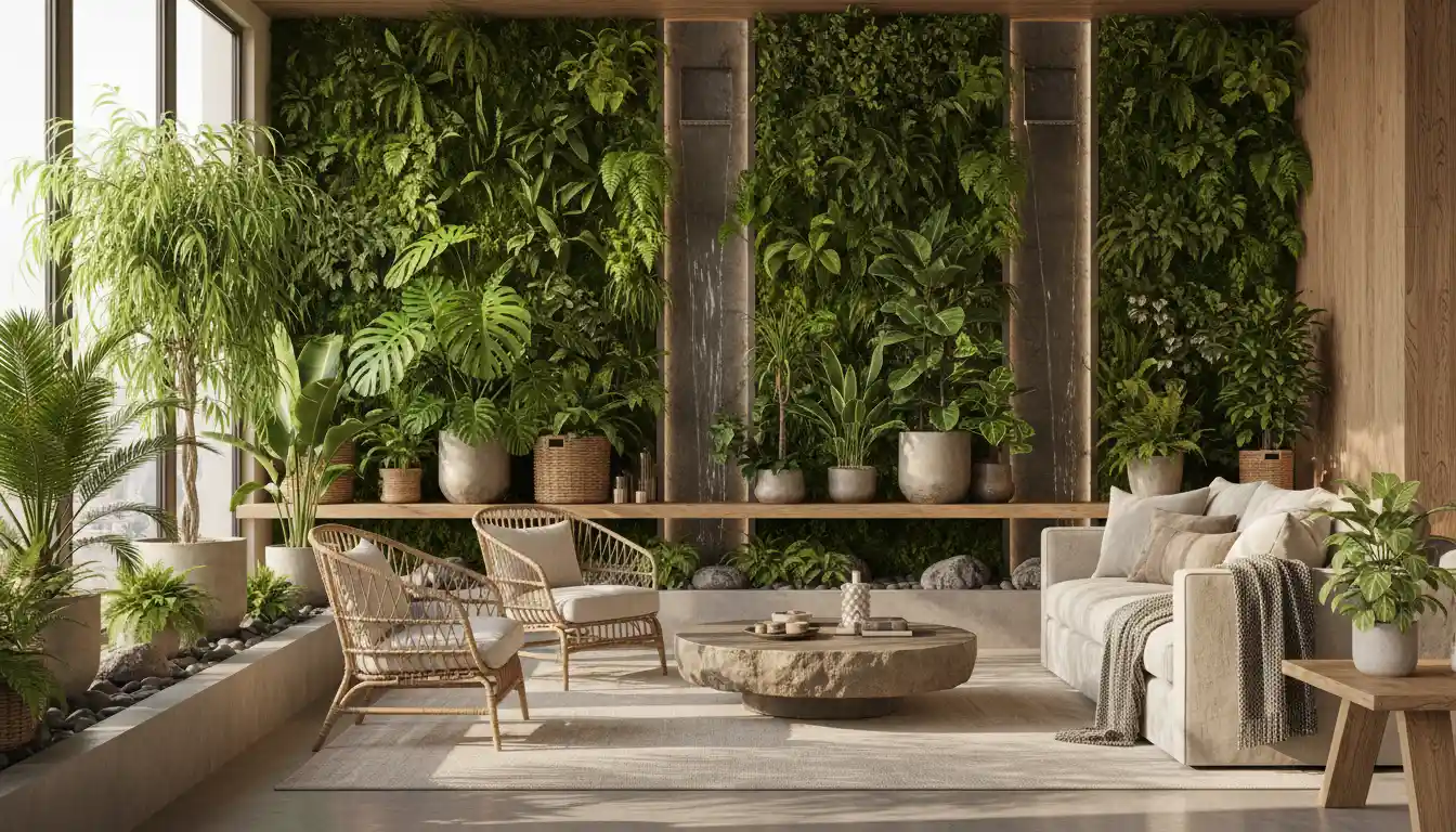 Biophilic design – jak wprowadzić naturę do wnętrza 2 Biophilic design – zielona ściana z roślin i ogród wertykalny w nowoczesnym wnętrzu, naturalne materiały i światło dzienne