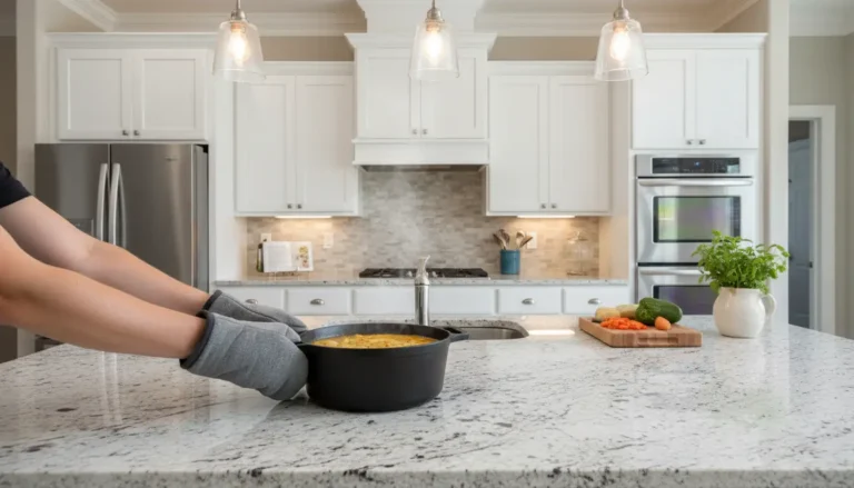 Blat granitowy w kuchni z naczyniami kuchennymi i produktami do gotowania