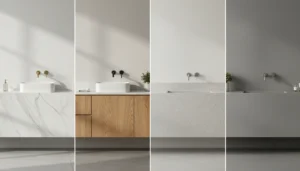 Porównanie różnych materiałów na blaty łazienkowe - biały marmur z żyłkowaniem, naturalne drewno dębowe, szary konglomerat kwarcowy i gładki beton w nowoczesnej aranżacji