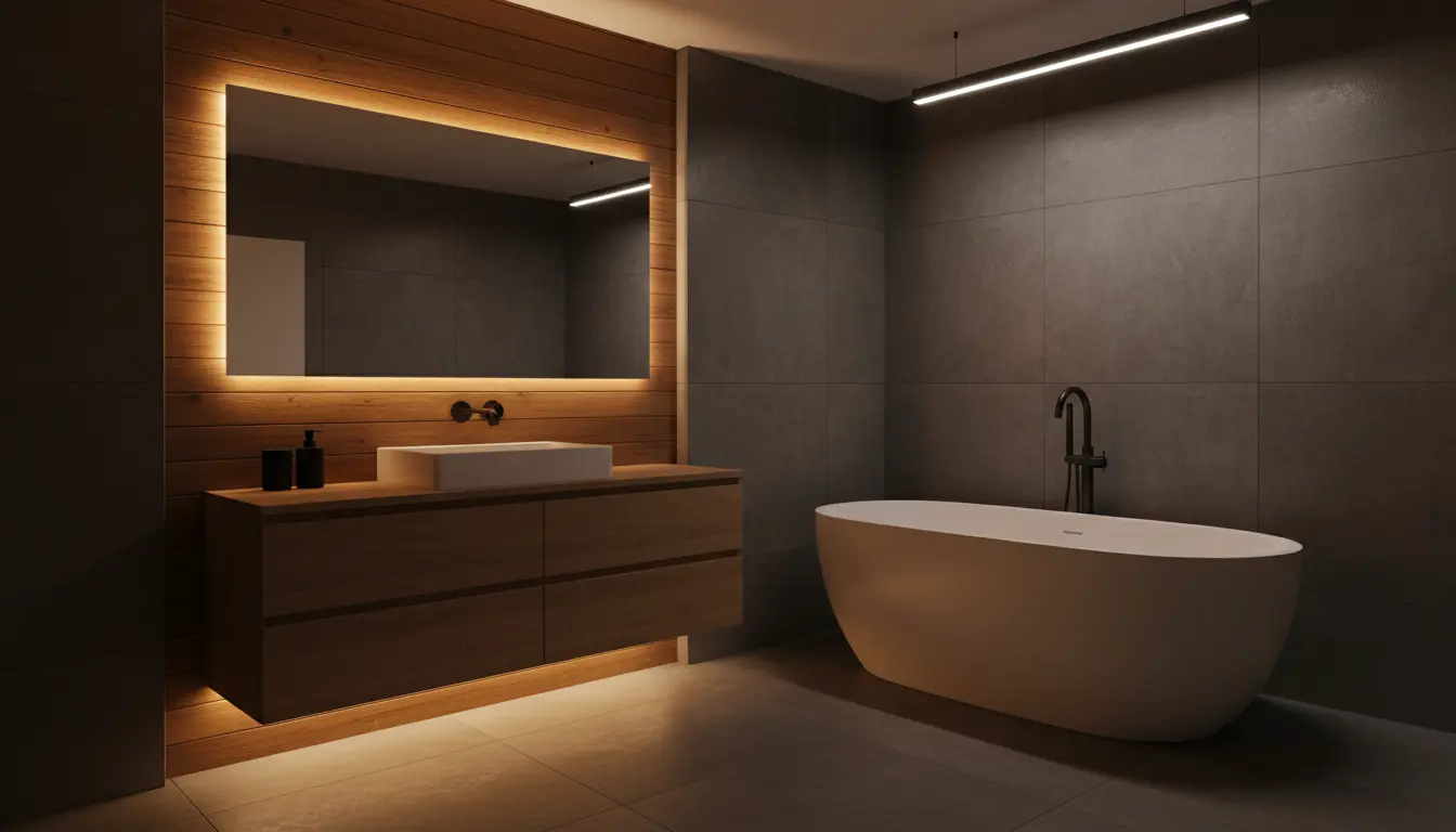 Ciemna łazienka z drewnem – jak urządzić ją stylowo i praktycznie? 4 Ciemna łazienka z drewnem i efektownym oświetleniem LED - podświetlone lustro i drewniane panele tworzą nastrojową atmosferę