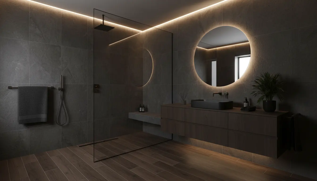 Ciemna łazienka z drewnem – jak urządzić ją stylowo i praktycznie? 3 Nowoczesna ciemna łazienka z płytkami drewnopodobnymi na podłodze i szklaną kabiną prysznicową walk-in w minimalistycznym stylu