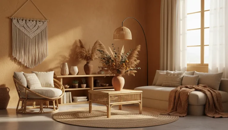 Ciepłe kolory ścian – jak stworzyć przytulną atmosferę w domu 6 cieple barwy scian styl boho wnetrze