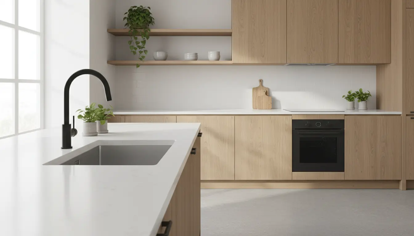 Czarna matowa bateria kuchenna w nowoczesnej kuchni skandynawskiej z białymi szafkami i drewnianym blatem — eleganckie rozwiązanie kolorystyczne