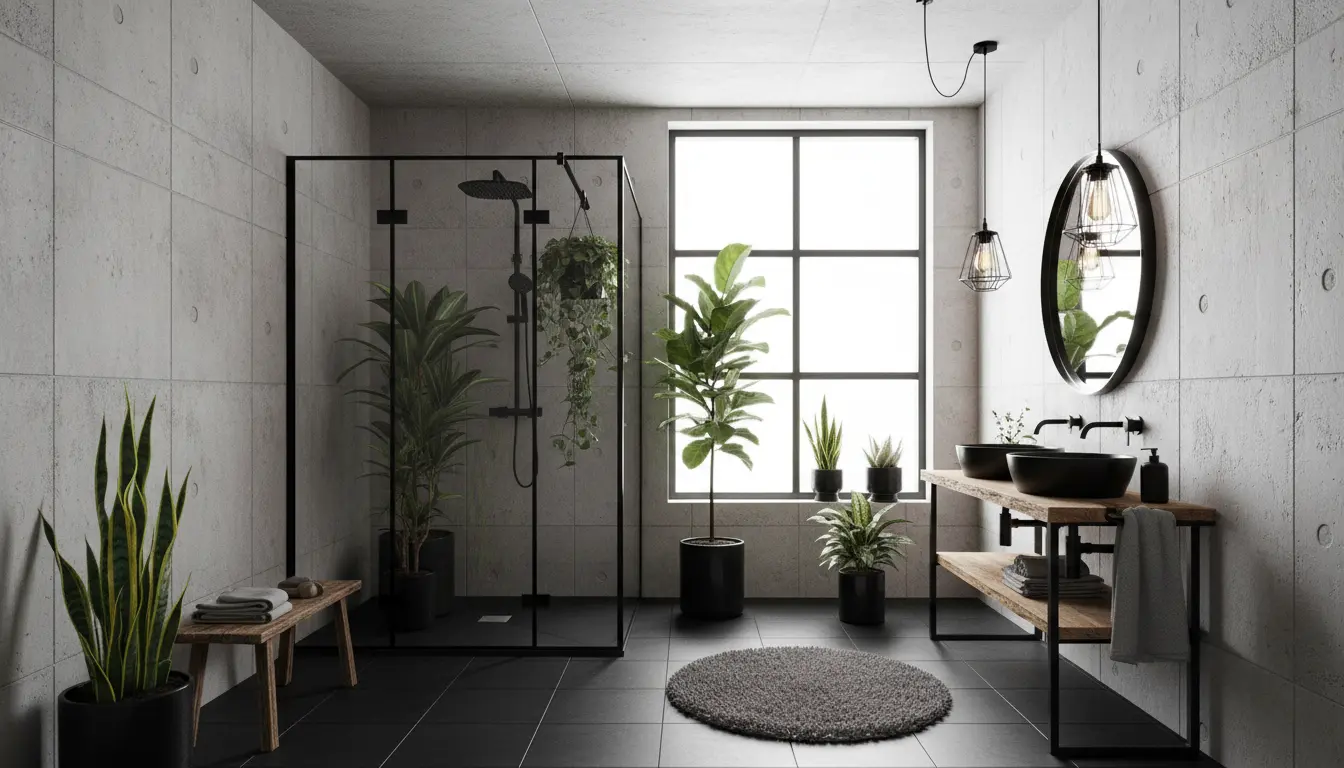 Czerń w łazience – jak ją zastosować, by stworzyć stylowe wnętrze? 3 Czarna łazienka w stylu loft z betonowymi ścianami, walk-in shower z czarnymi ramami, drewnianymi akcentami i roślinami doniczkowymi – nowoczesna łazienka industrialna