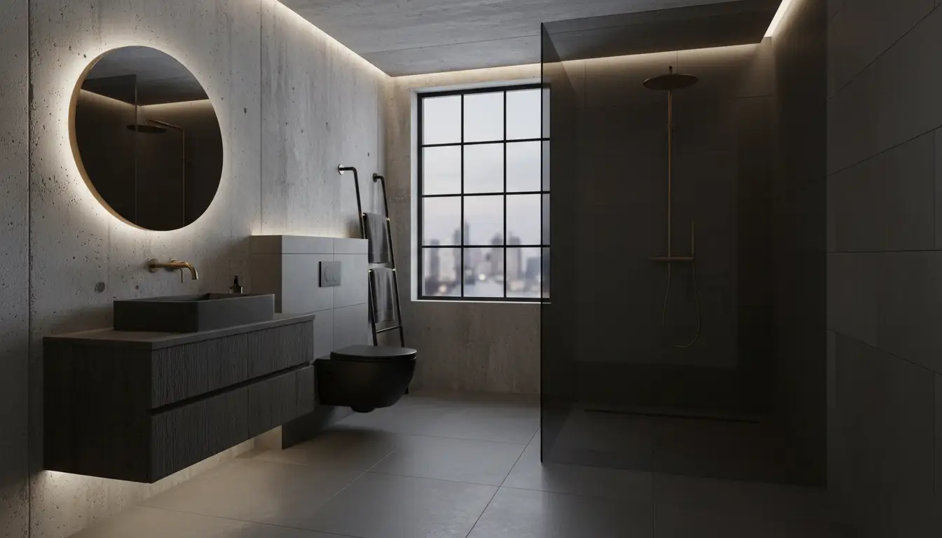 Wybór toalety – kluczowe kryteria i praktyczne porady 4 Czarna matowa toaleta podwieszana w łazience w stylu loft z betonowymi ścianami – elegancki wybór toalety do nowoczesnego wnętrza