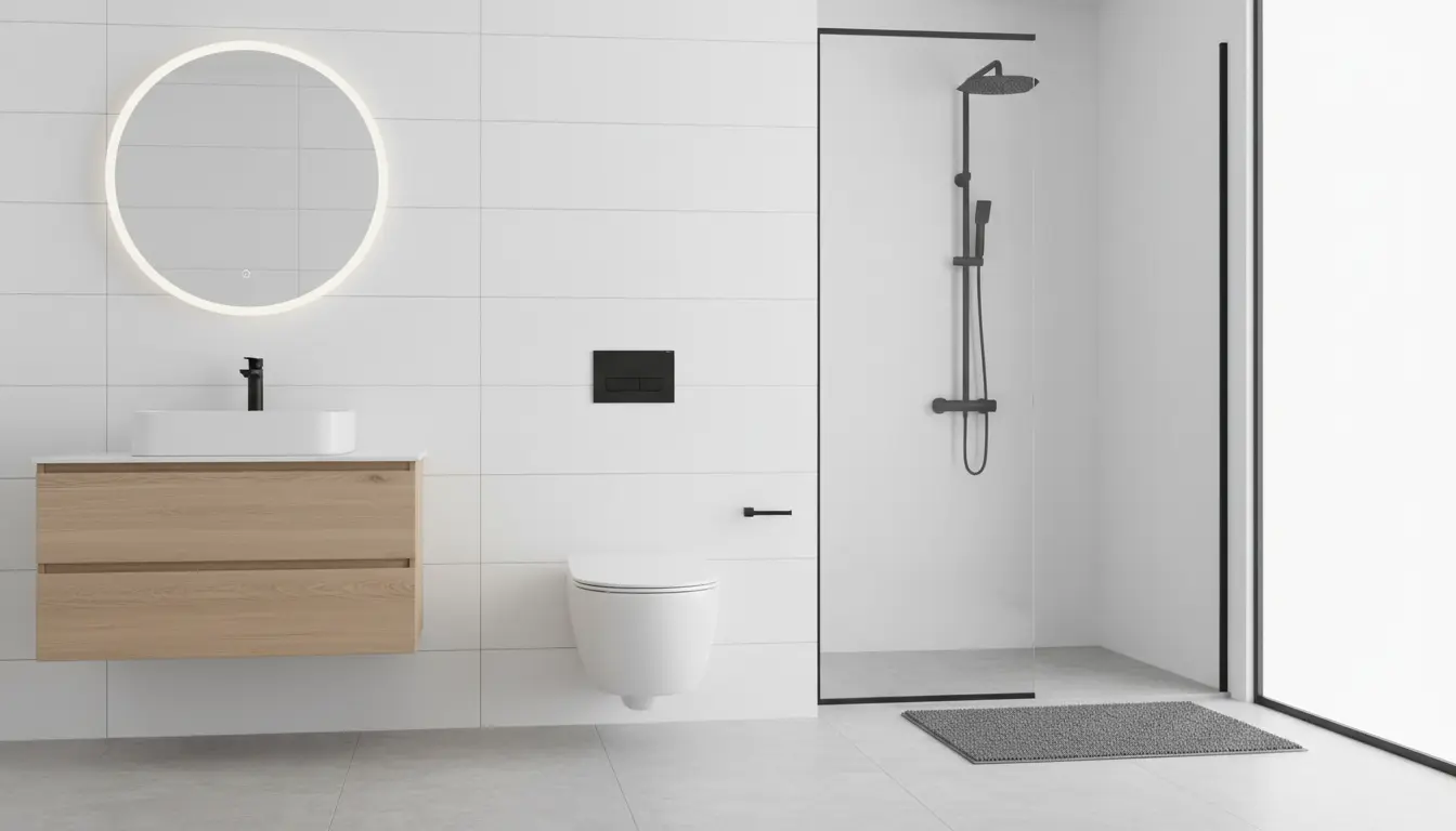 Stelaż podtynkowy do WC – ile kosztuje 4 Elegancka łazienka z czarnym matowym przyciskiem spłukującym na białej ścianie - nowoczesny minimalistyczny design z stelaże podtynkowym WC