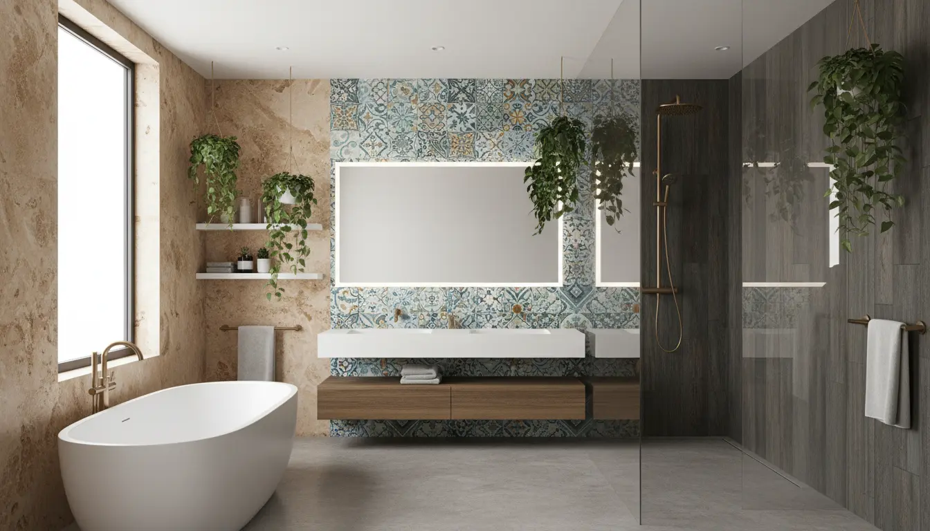 Nowoczesna łazienka z eleganckimi dekoracjami ściennymi – kamień naturalny trawertyn, wodoodporne panele, kolorowe płytki ceramiczne i metaliczne akcenty mosiężne w stylowej aranżacji