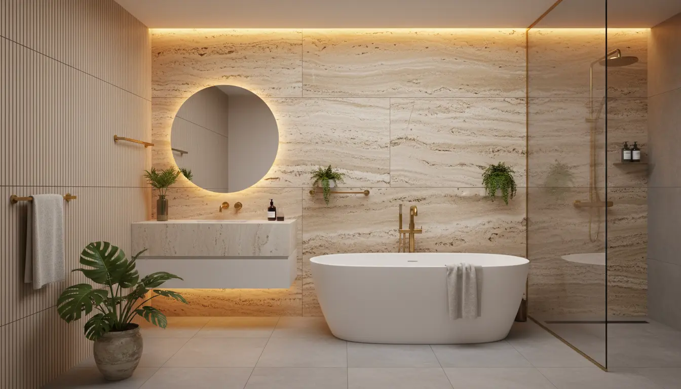 Dekoracje ścienne w łazience z ciepłego trawertynu w beżowych odcieniach – naturalne drewniane meble, zielone rośliny paprocie i mosiężna armatura łazienkowa