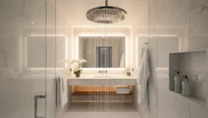 Prysznic z deszczownicą chromowaną w eleganckiej łazience z marmurową okładziną i atmosferą domowego spa