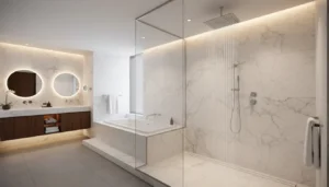 Nowoczesna łazienka z wielostrumieniową deszczownicą prysznicową – elegancka strefa kąpielowa w stylu hotelowym z białymi i szarymi płytkami