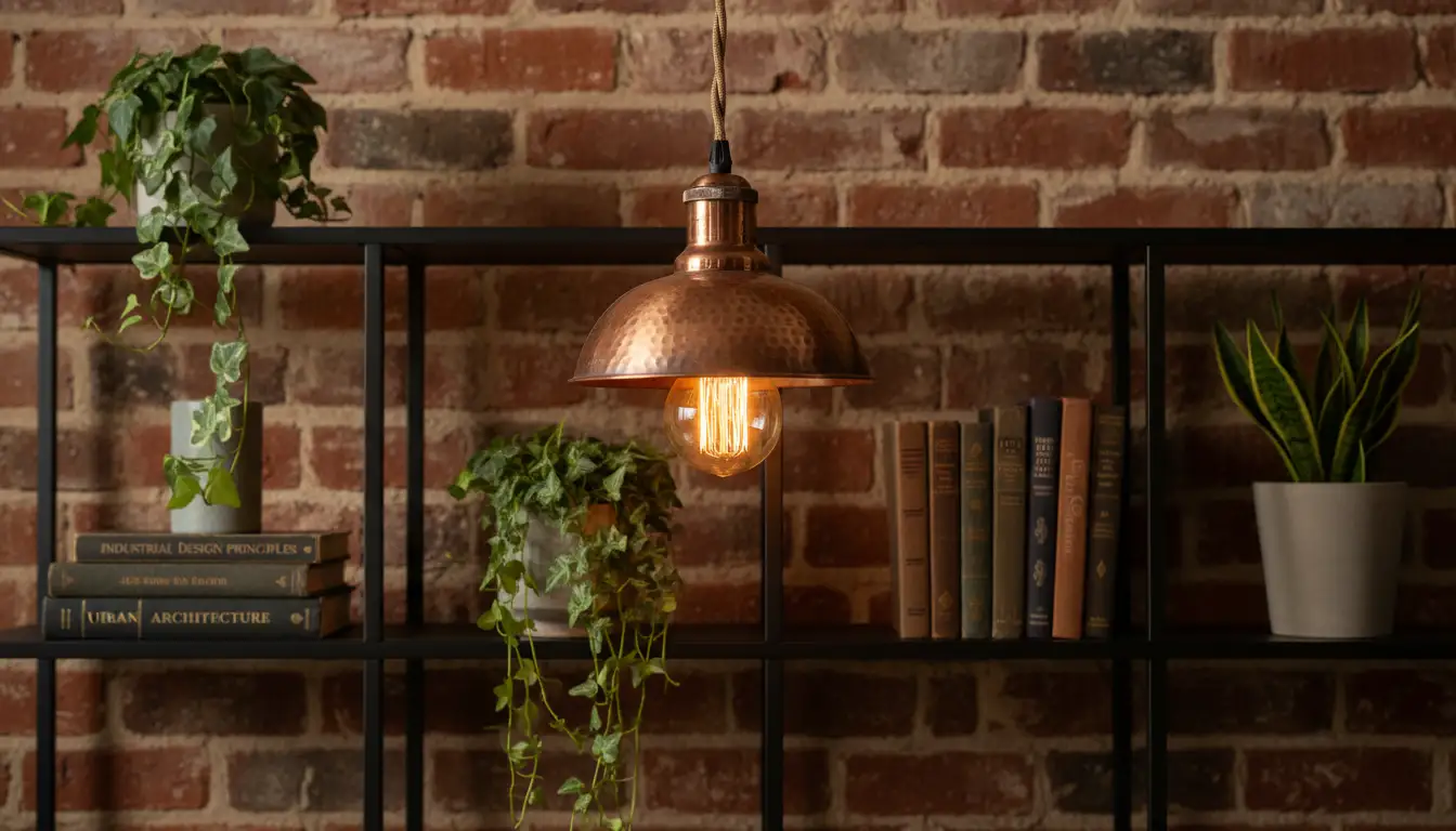 Detale industrialnego salonu z lampą Edisona metalowym regałem z roślinami i książkami na tle ceglanej ściany