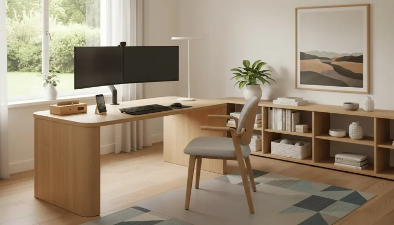 Profesjonalne ergonomiczne domowe biuro do pracy zdalnej w stylu skandynawskim jasne drewno i funkcjonalne meble