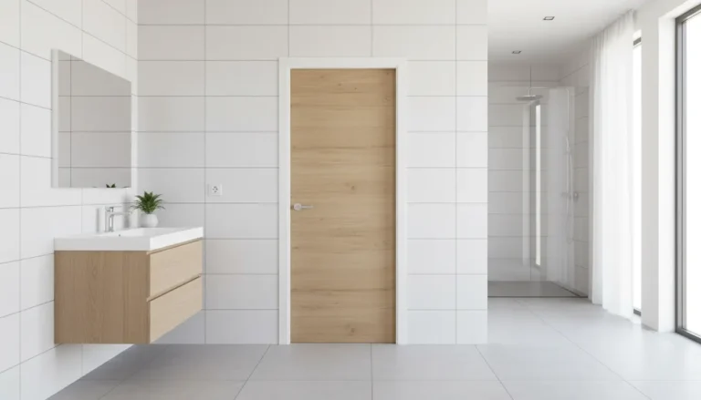 Nowoczesne drzwi łazienkowe z jasnym drewnopodobnym wykończeniem w stylu skandynawskim - minimalistyczna łazienka z białymi płytkami i naturalnymi akcentami