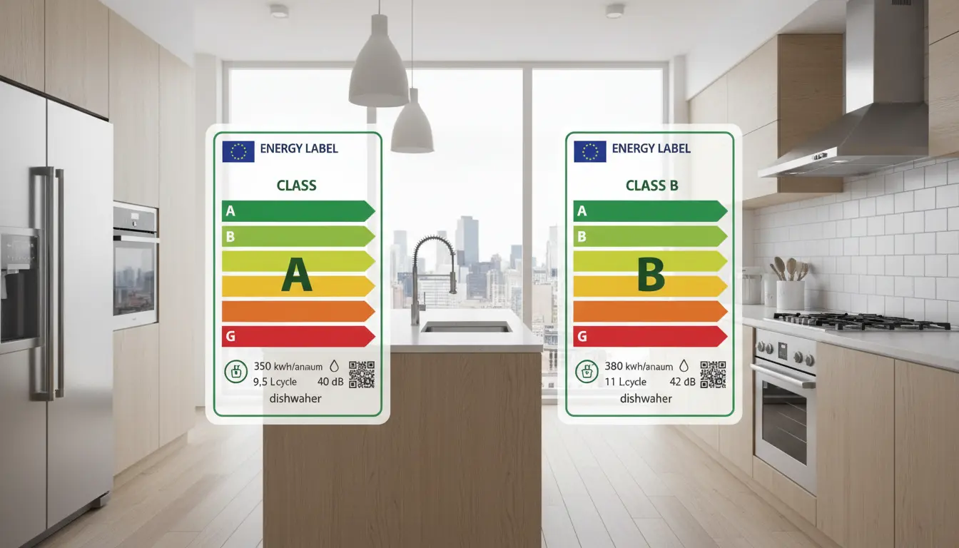 Porównanie etykiety energetycznej zmywarki do zabudowy klasa A i B z oznaczeniami zużycia energii kWh i wody na cykl