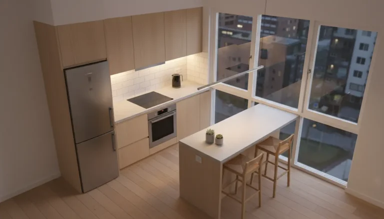 Funkcjonalna kuchnia w bloku - nowoczesna aranżacja z zabudową pod sufit, jasne fronty białe, drewniany blat, minimalistyczny styl