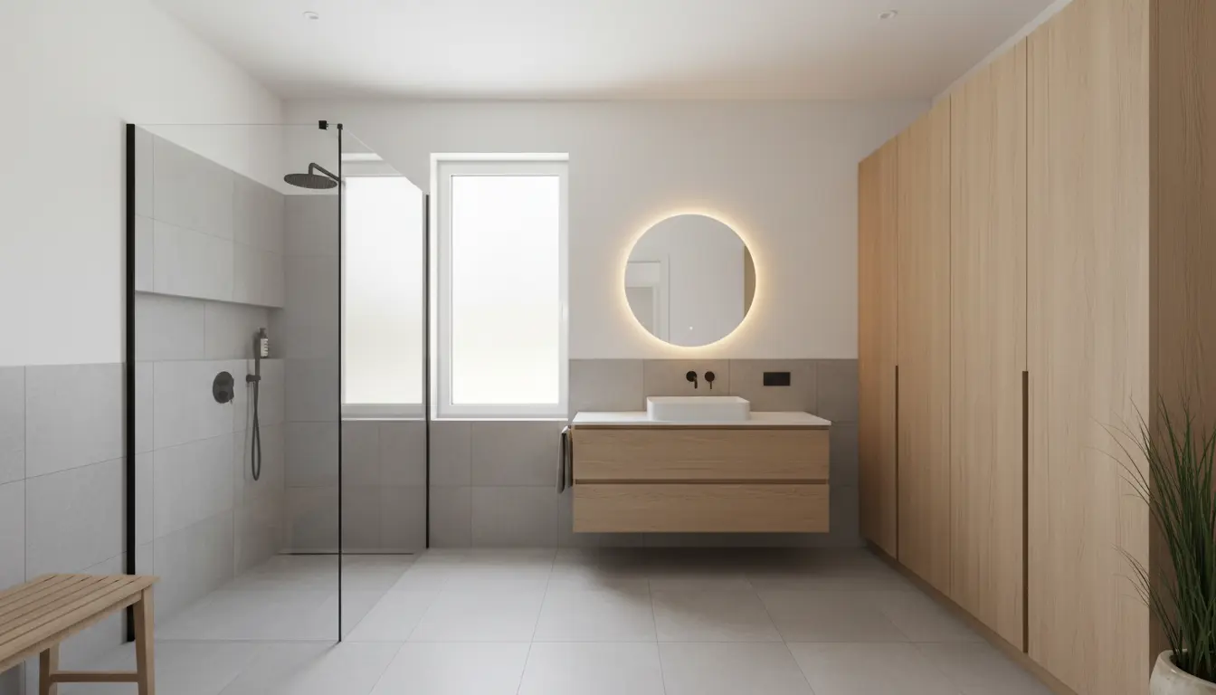 Nowoczesna funkcjonalna łazienka z przemyślanym układem stref - strefa mokra z kabiną prysznicową, umywalka z lustrem i miejsce na przechowywanie w stylu skandynawskim