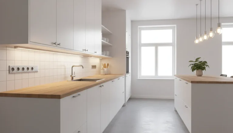 Jak zaplanować gniazdka nablatowe w kuchni 9 Nowoczesna jasna kuchnia z białymi szafkami i drewnianym blatem roboczym, gniazdka nablatowe widoczne nad blatem – funkcjonalne planowanie instalacji elektrycznej w kuchni 2026