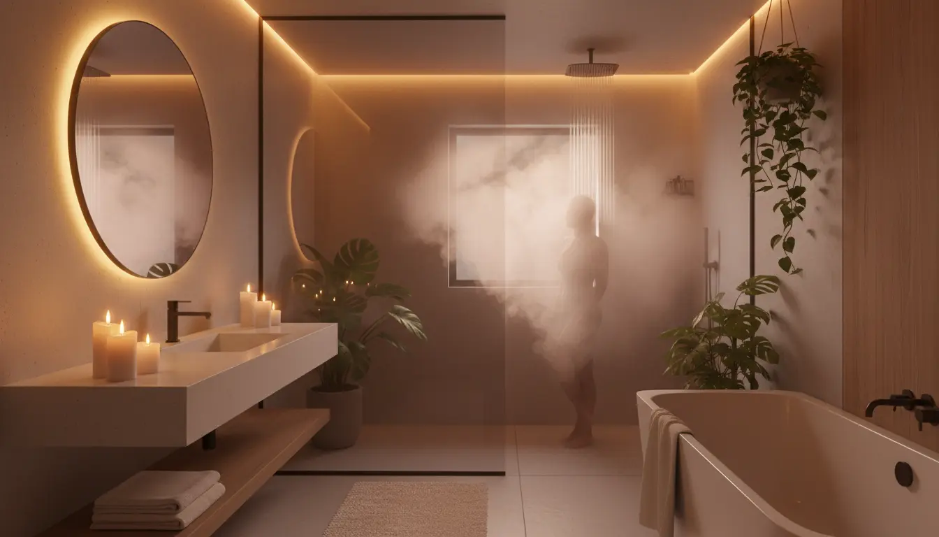 Relaksująca atmosfera podczas gorącego prysznicu wieczorem, para wodna, ciepłe światło, elementy SPA w łazience, uspokajający efekt ciepłej wody