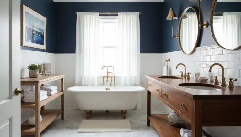 Granatowa łazienka – nowy trend w aranżacji wnętrz 1 granatowa lazienka hamptons styl nowoczesna aranzacja 2026