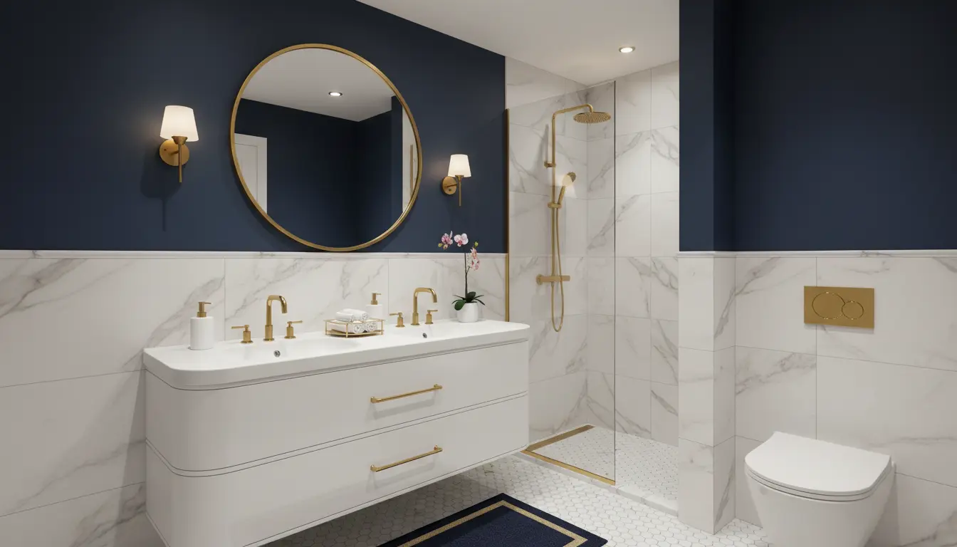 Granatowa łazienka w stylu modern classic z białymi płytkami wielkoformatowymi, złotą armaturą i eleganckim lustrem w złotej ramie