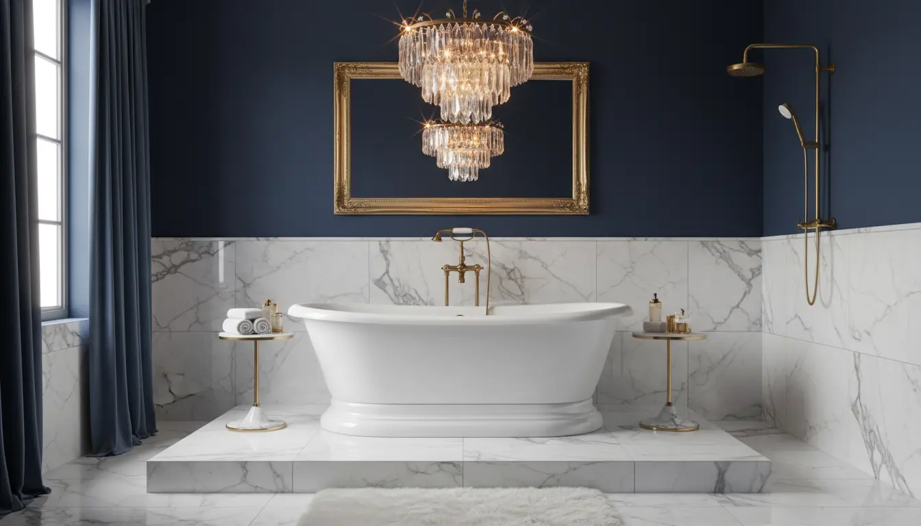 Luksusowa granatowa łazienka w stylu glamour z wanną wolnostojącą, złotą armaturą, marmurami i kryształową lampą wisząca