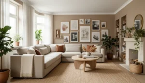 Harmonijny salon z modularną sofą naturalnymi materiałami galerią ścienną i roślinami - aranżacja salonu w stylu skandynawskim