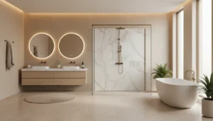 Kabina prysznicowa wolnostojąca w nowoczesnej łazience, minimalistyczny design, przezroczyste szkło, eleganckie wnętrze, luksusowa łazienka, trendy 2026