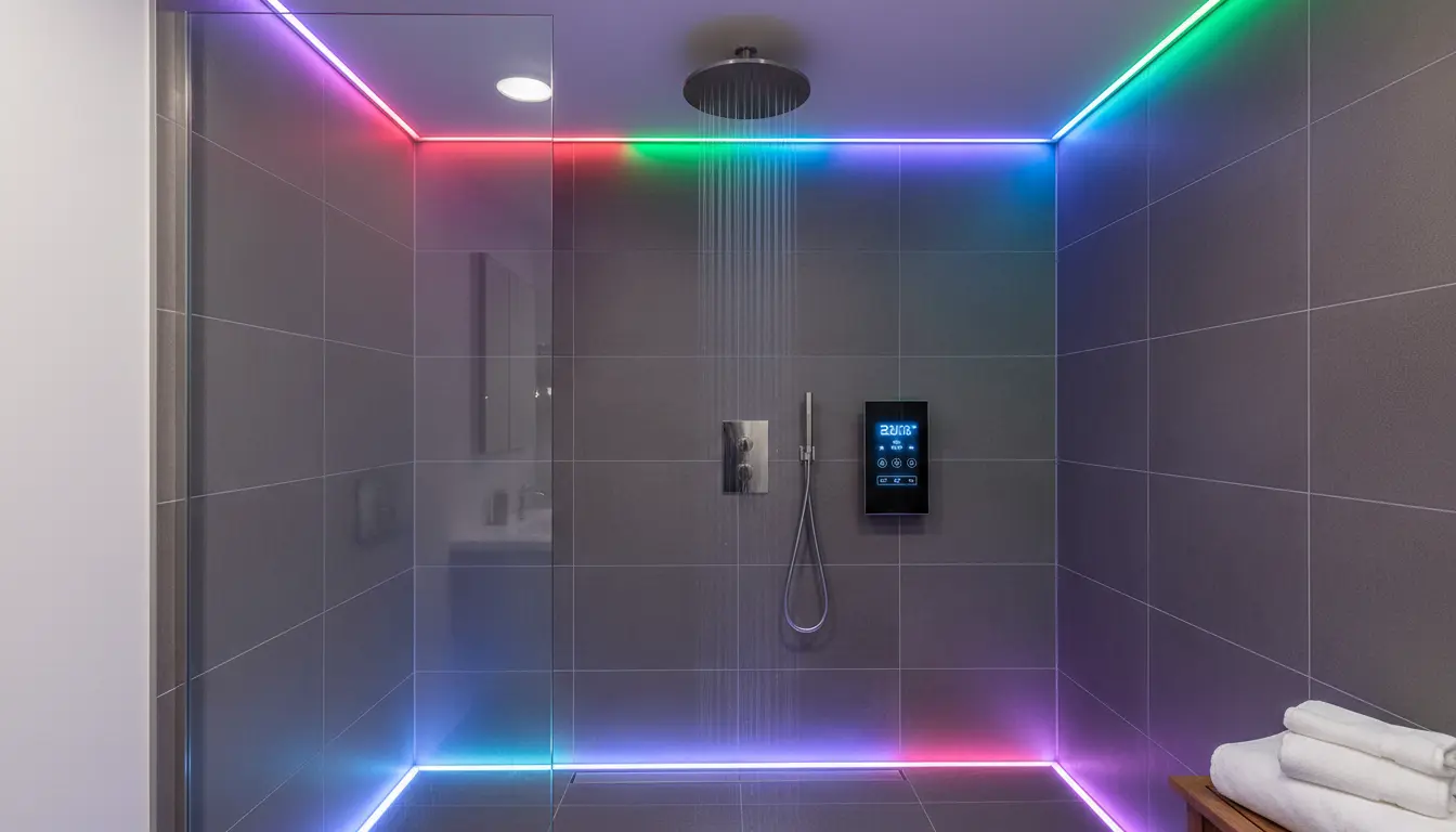 Nowoczesna łazienka z kabiną prysznicową wolnostojącą – pięć pomysłów 4 Kabina prysznicowa wolnostojąca walk-in z oświetleniem LED RGB, panel prysznicowy termostatyczny, deszczownica, nowoczesna technologia smart home, elegancki design łazienkowy