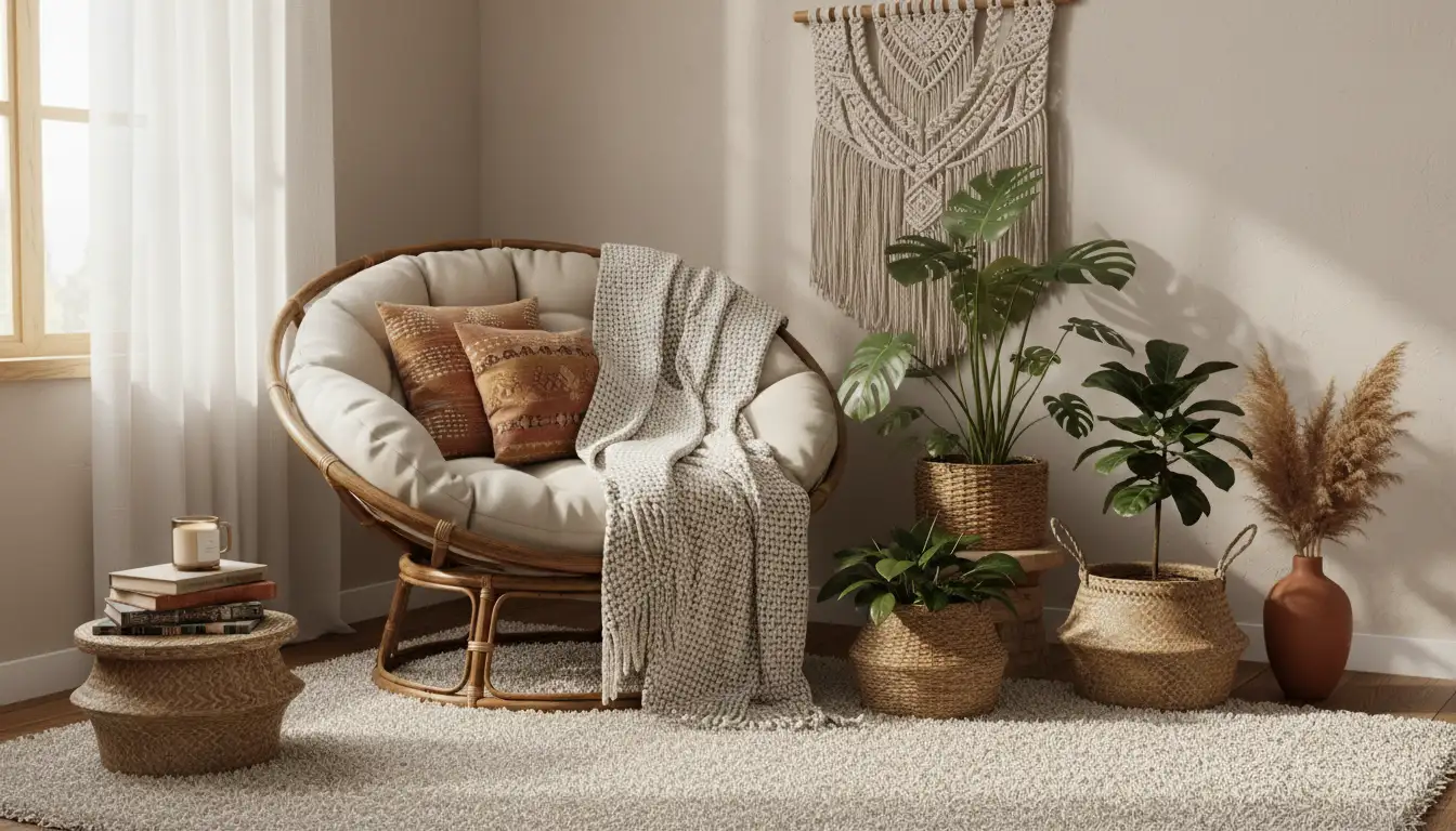 Przytulny kącik w sypialni boho z rattanowym fotelem wełnianym rzutem roślinami w wiklinowych koszach i makramą na ścianie