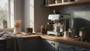 Stylowy kącik kawowy w kuchni – nowoczesny ekspres z ziarnami kawy i filiżankami, ciepłe poranne światło, przytulna atmosfera