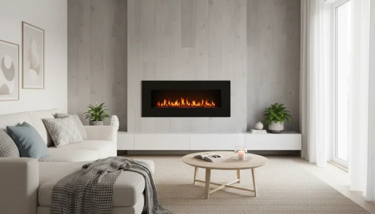 Kominek elektryczny – co warto o nim wiedzieć przed zakupem 6 Kominek elektryczny ścienny w nowoczesnym salonie z minimalistycznym designem czarna rama przeszklony front płomienie LED skandynawskie wnętrze