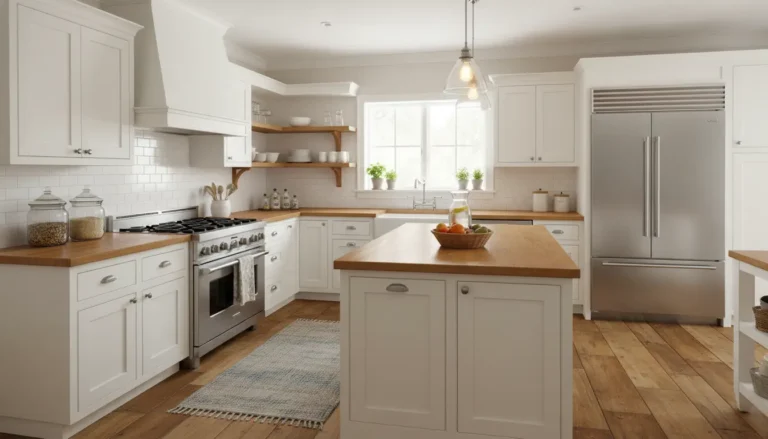 Klasyczna kuchnia amerykanska w stylu shaker z drewnianymi frontami i blatem dębowym - ponadczasowa aranżacja w stylu farmhouse