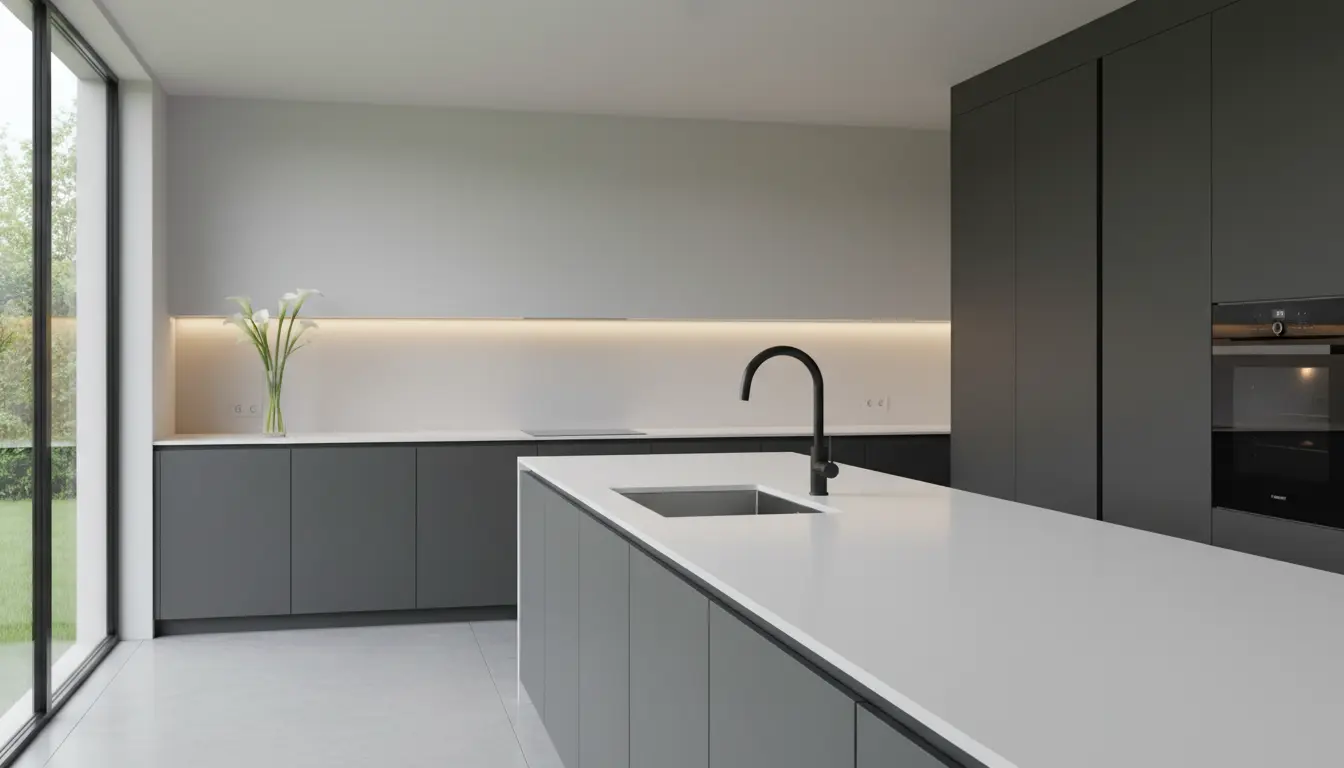 Nowoczesna kuchnia z czarną baterią dotykową nad zlewozmywakiem w minimalistycznej aranżacji z czystymi białymi blatami i chromowanymi akcentami
