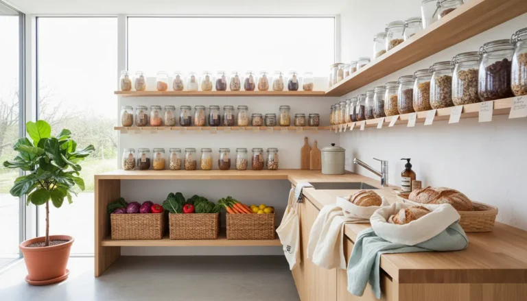 Nowoczesna jasna kuchnia less waste z ekologiczną organizacją, szklanymi pojemnikami na produkty sypkie, kolorowymi warzywami w koszykach i lnianymi woreczkami na pieczywo