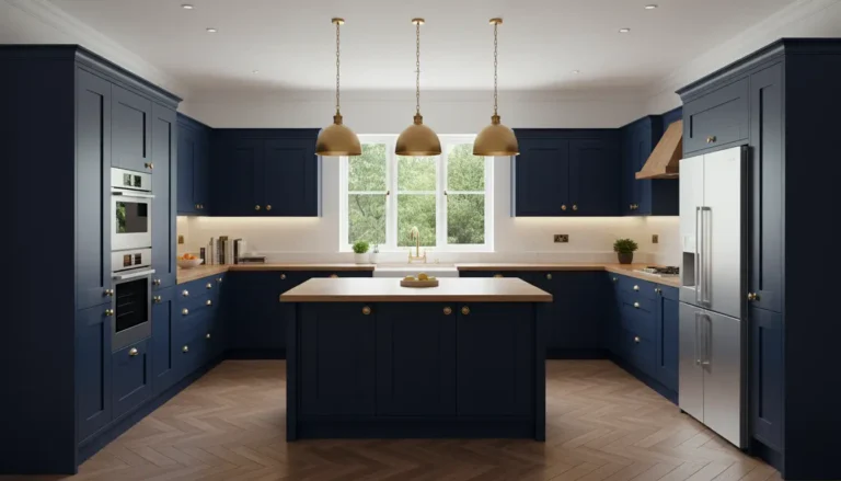 Kuchnia w kształcie litery U z granatowymi szafkami złotymi uchwytami i drewnianymi akcentami luksusowa aranżacja kuchenna