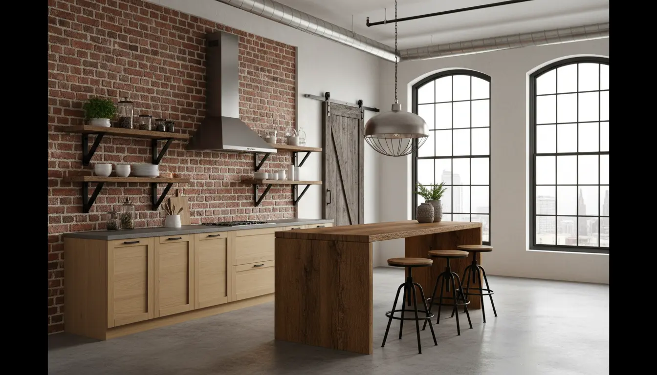 Kuchnia w stylu loftowym z odsłoniętą ceglaną ścianą, metalowymi industrialnymi lampami i drewnianą wyspą kuchenną - nowoczesne połączenie surowych materiałów z ciepłymi akcentami