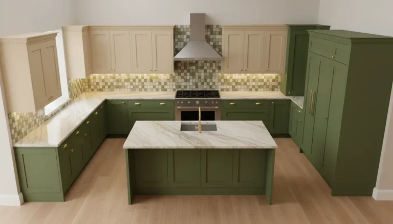 Kuchnia w kształcie litery U z oliwkowymi i beżowymi frontami, kamienny blat roboczy i oświetlenie LED pod szafkami