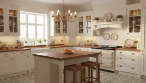 Kuchnia w stylu angielskim z białymi frontami szafek mosiężnymi uchwytami przeszklonymi meblami ceramiką kwiatową na półkach stylowa klasyczna brytyjska estetyka
